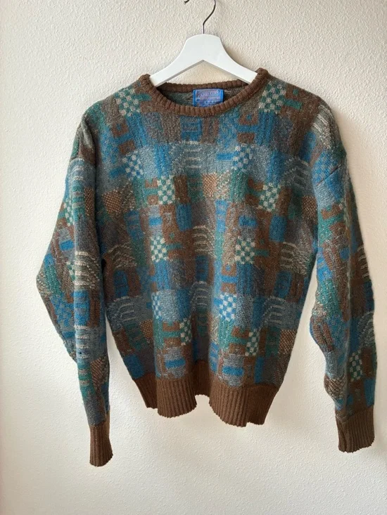 VTG Pendleton Pure 100% Wool Geometric Crewneck Sweater (Brown & Teal) (Size:L) - Picture 1 of 10